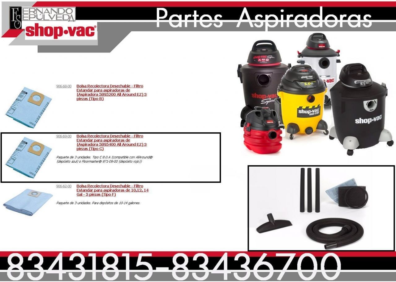 Bolsa Recolectora de Polvo (Desechable) Aspiradora Shop vac