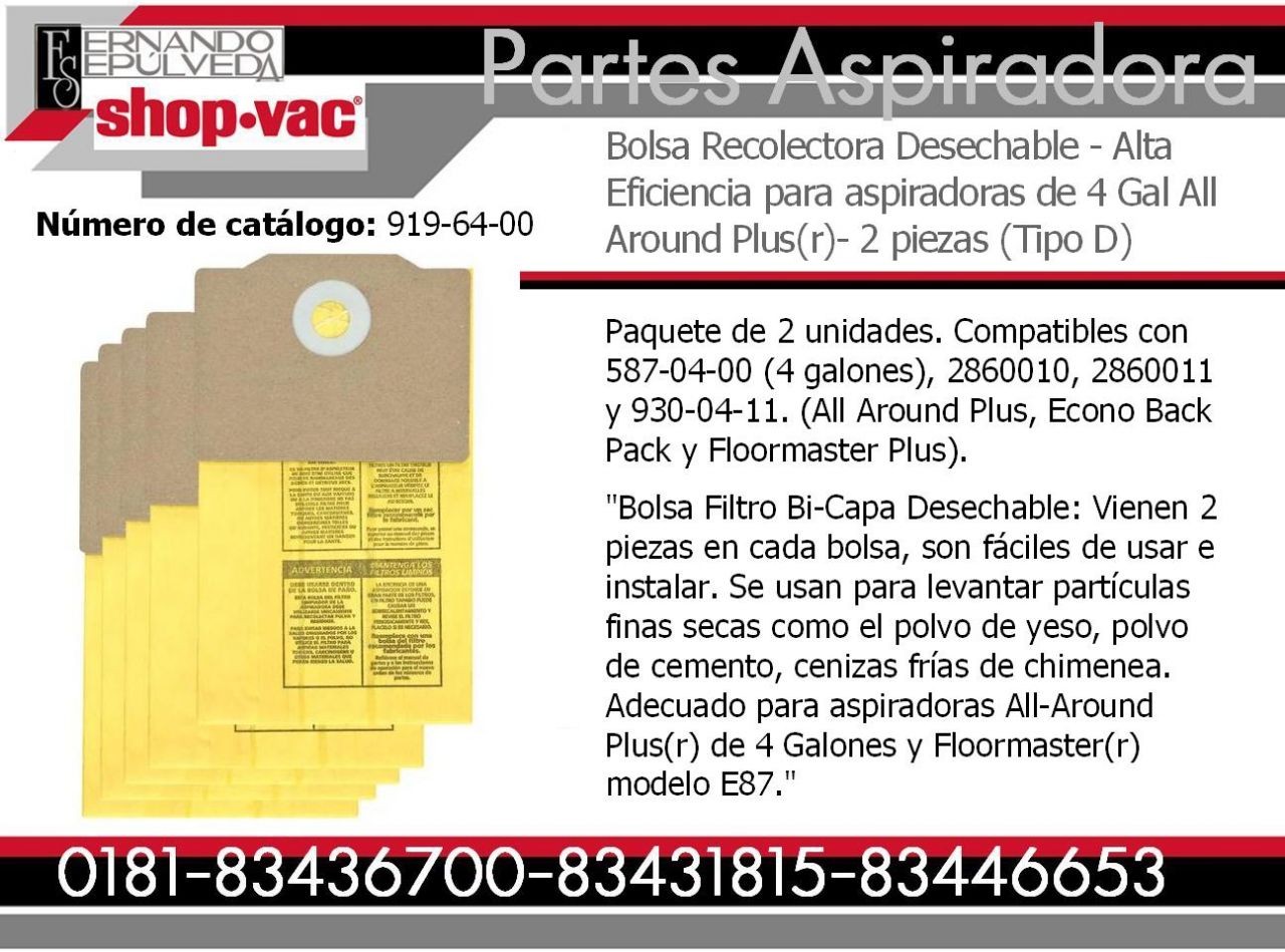Bolsa Recolectora Desechable Aspiradora Shop-vac - Alta Eficiencia  4 Galones Modelo All Around Plus  Tipo D